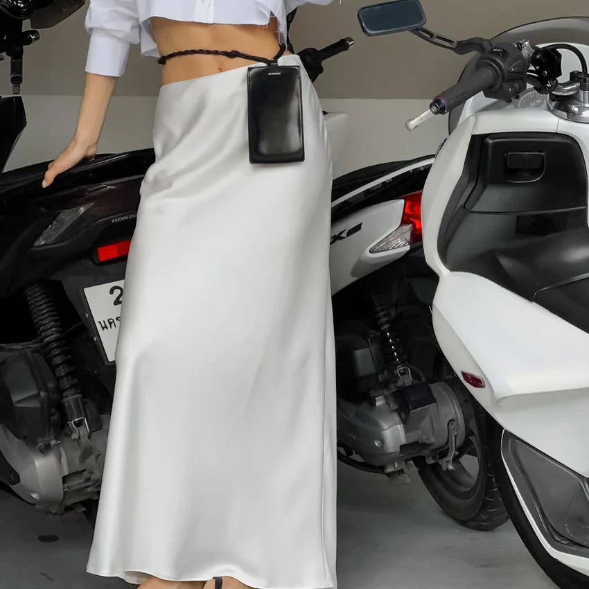 

Wrap Hip Midi Skirt Autumn Winter Clothes Streetwear Satin Skirt White Silk Skirt High Waist Long Skirt Women Temperament Slim