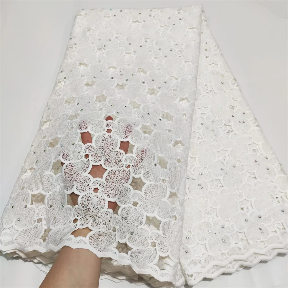 

White Latest French African Swiss Lace Fabric Soft Nigerian Guipure Cord Milk Silk Lace Fabric With Stones For Wedding Dress