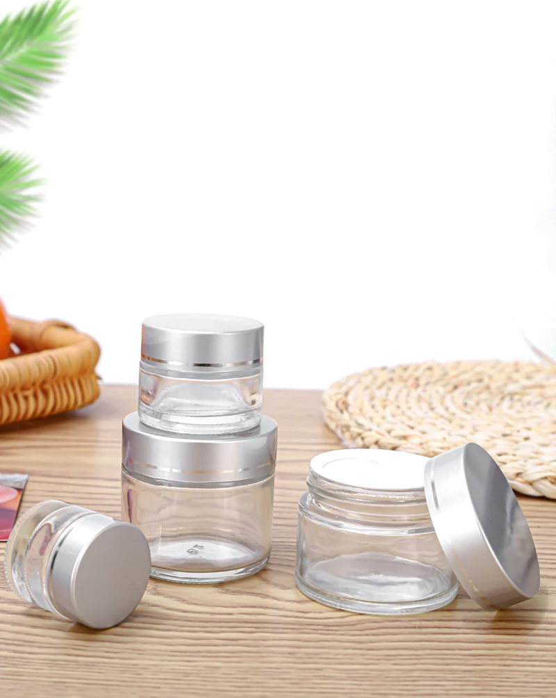 10pcs/lot Glass Cream Jar Bottle 5g 10g 20g 30g 100g Empty Container Cosmetic Jar With Silver Lid Nail Arts Small Clear Can Tin 6