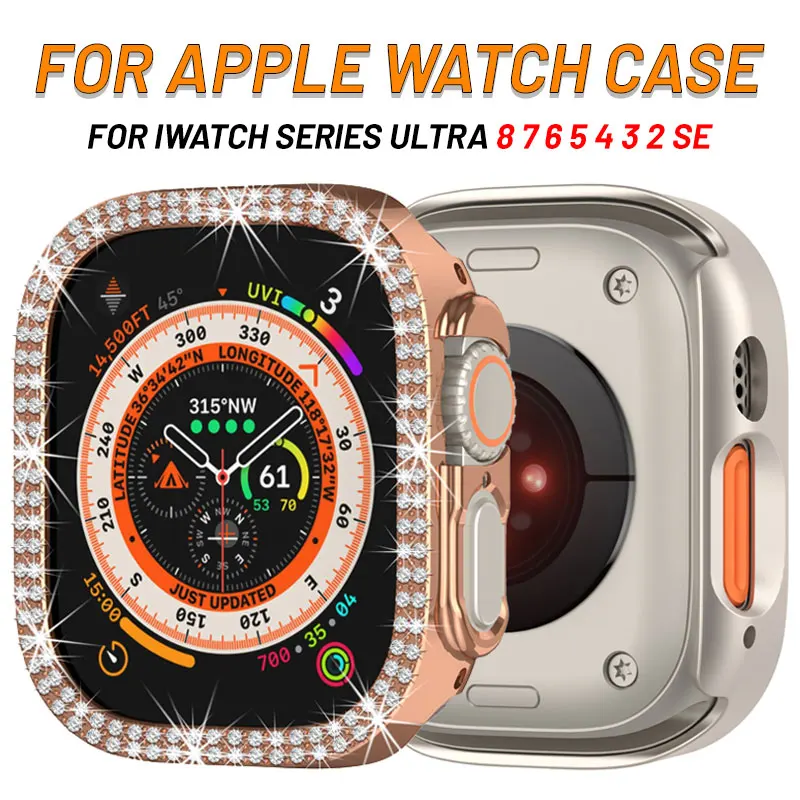 

Double Row Diamond Cover For Apple Watch Ultra 49mm Accessories iWatch series7 6 5 SE Protective Case 45mm 41mm 44mm Shell Frame