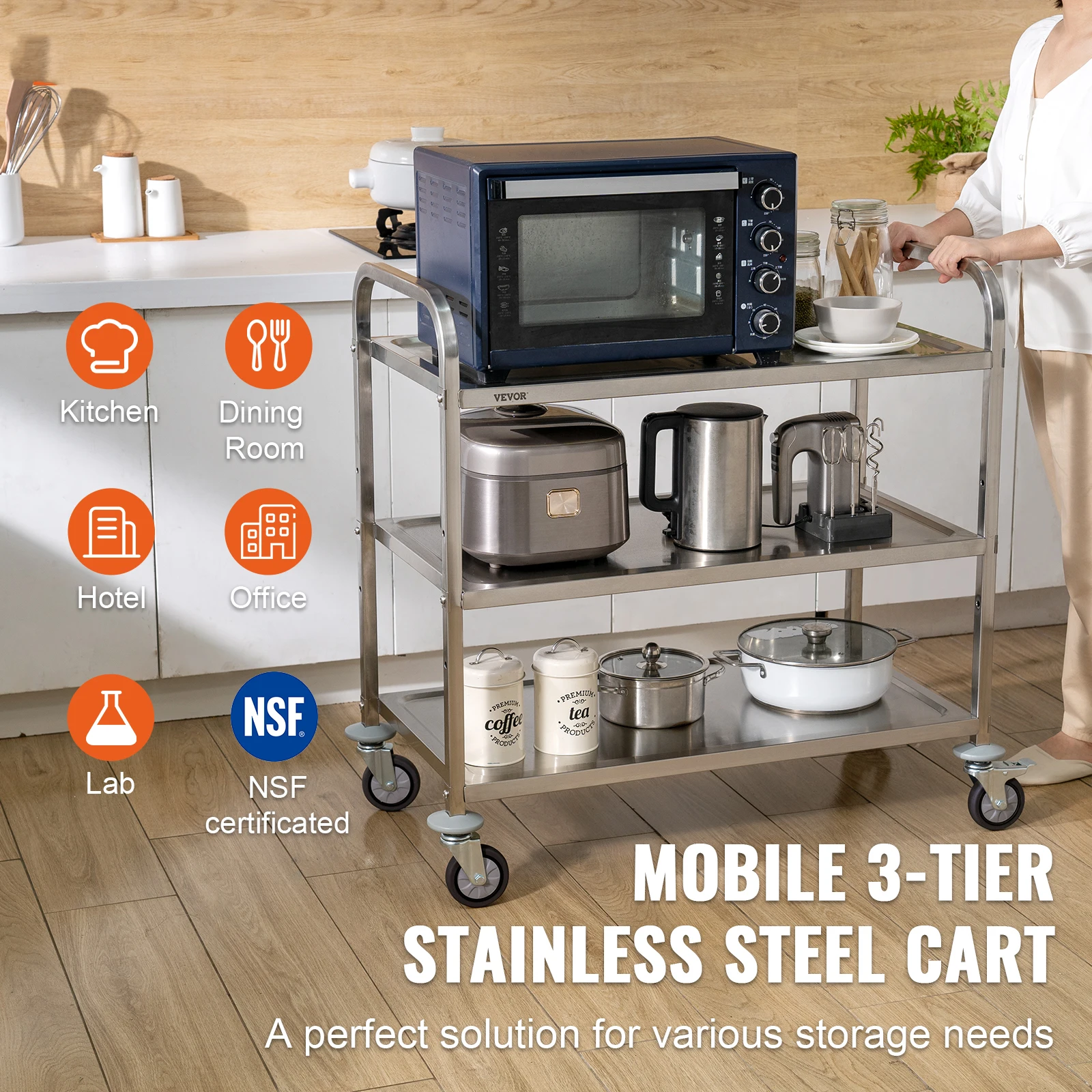 VEVOR 3 Tiers Wire Rolling 450LBS Capacity Steel Kitchen Cart with 80mm Basket Curved Handle PP Liner 6 Hooks Ideal for Indoor