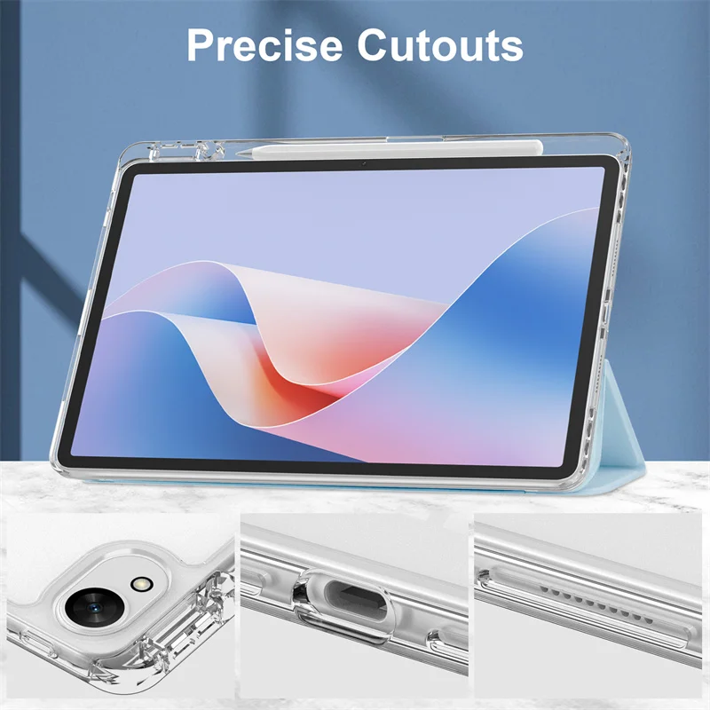 Enhanced Trifold Stand Tablet Case with Pencil Holder and Clear Acrylic Back Cover