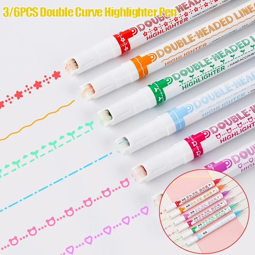 Double Pen Tip Curve Line Highlighter Pen 3/6PCS Creative Flower-shaped Curve Line Marker Student School Supplies Stationery