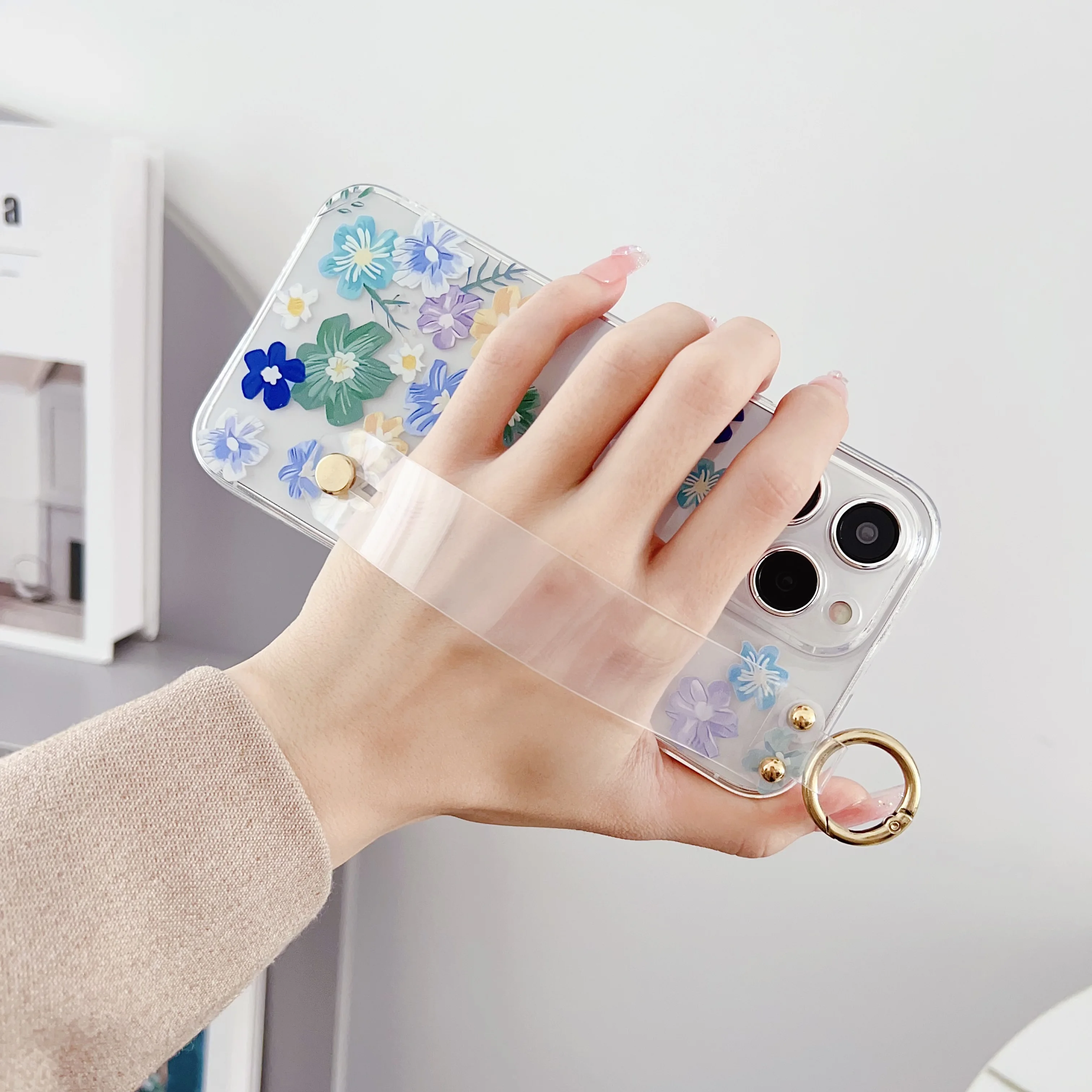 Elegant Floral Case with Wrist Strap