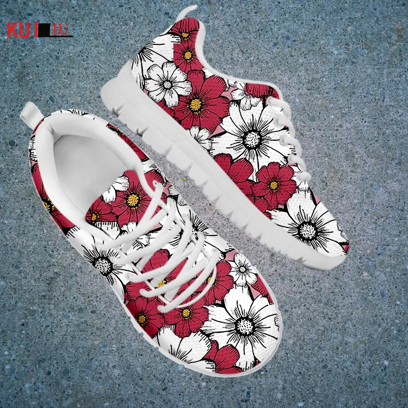 

KUILIU 2021 Luxury Flowers Design Women's Shoes Lace Up Sport Shoes mesh Sneaker Casual Flats Shoes Free Shipping Dropshipping