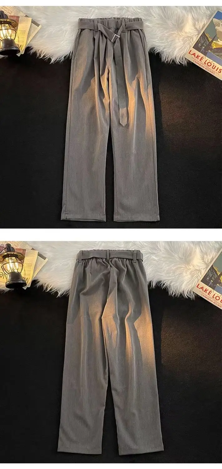بنطلون مستقيم واسع الساق غير حديدي بلون سادة للرجال بنطال بدلة فضفاض على الطراز الكوري