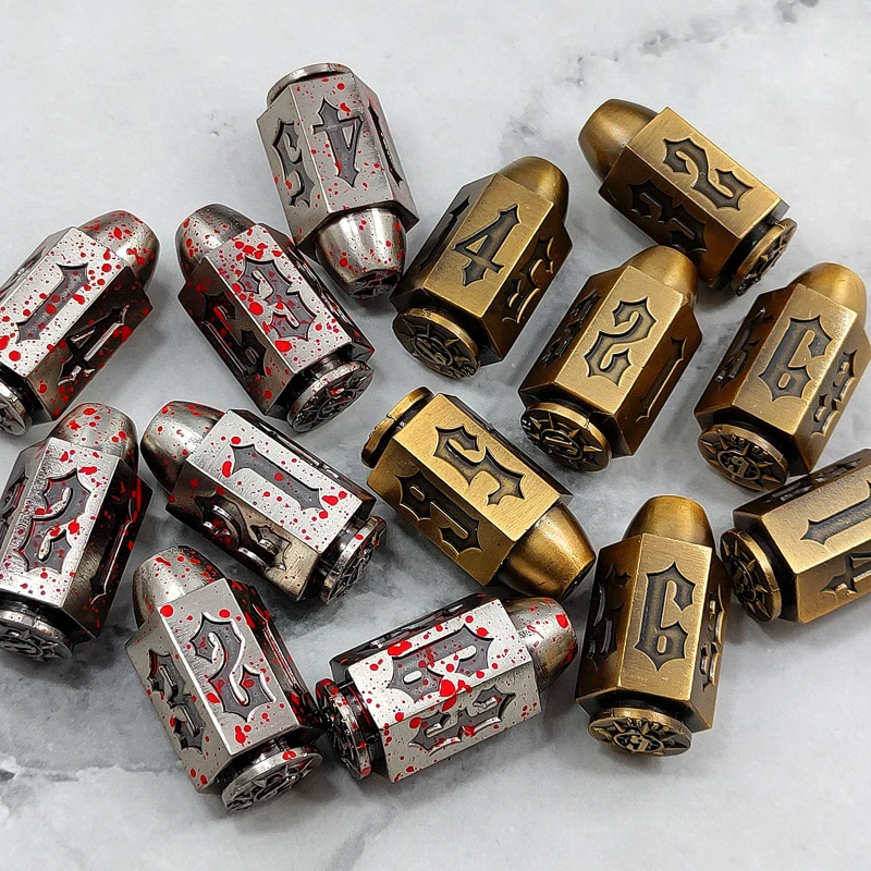 D6 Bullet Dice Zinc Alloy DND RPG Table Board Game Blood Stains Ancient Gold Red Copper Polyhedral Right Angle Number Dice Kit