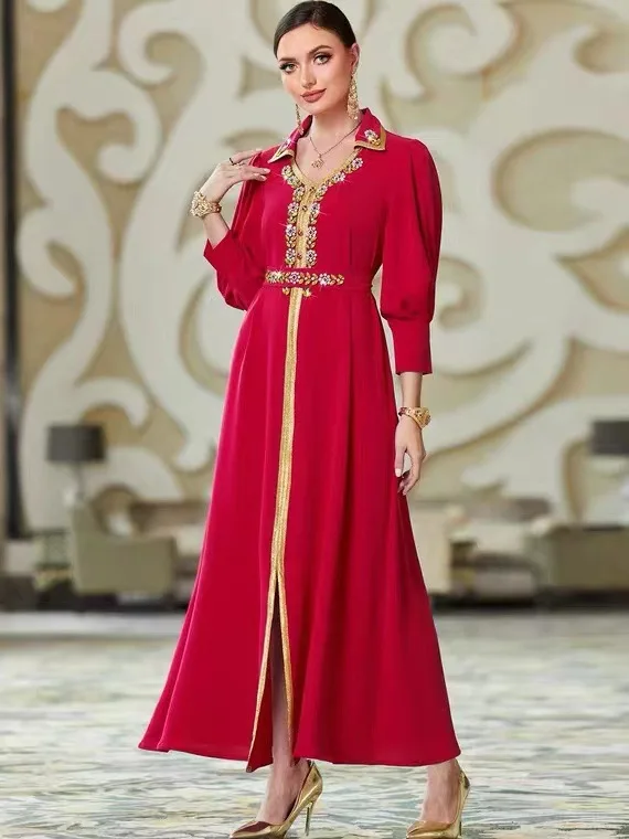 Dubai Abaya Luxury for Muslim Women Elegant LFloral Embroidery Diamonds Lace Tape Belted Kaftan Abayat Ramadan Dress