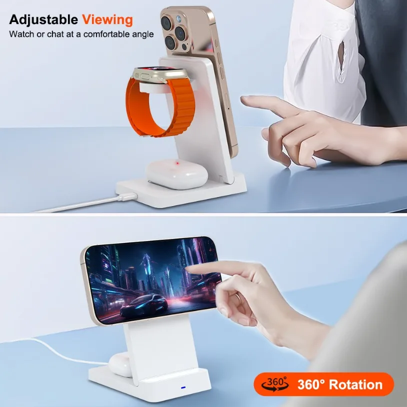3 in 1 Magnetic Wireless Charger Desktop Phone Stand For Magsafe iPhone 16-12 Apple Watch 8 7 Airpods Pro Samsung Fast Charging