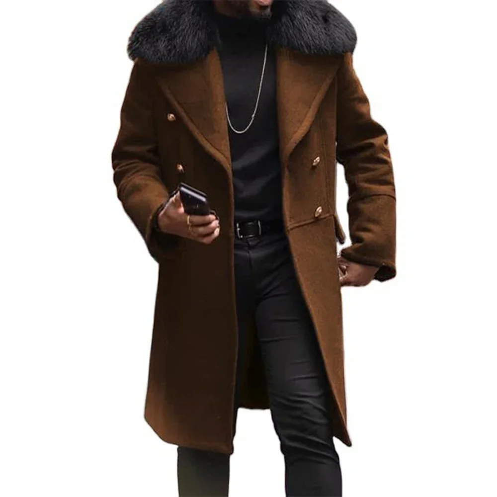 2024 Spring/Winter Long Men's Coat Casual Wool Solid Color Slim Fit Double breasted Brown Side Pocket Jacket Collar Windbreaker