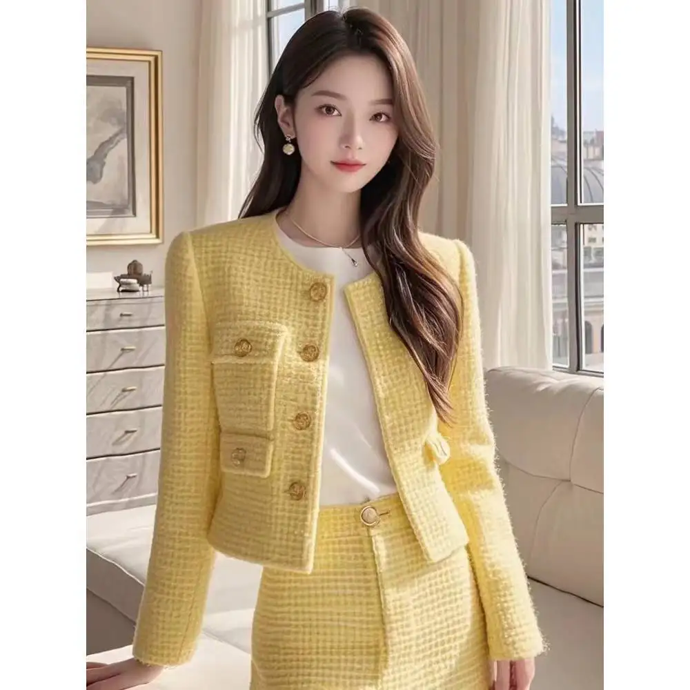 جديد الخريف الشتاء تويد المرأة قطعتين مجموعة الراقية أنيقة طويلة الأكمام سترة ضئيلة تنورة صغيرة صغيرة عبق بدلة على الموضة