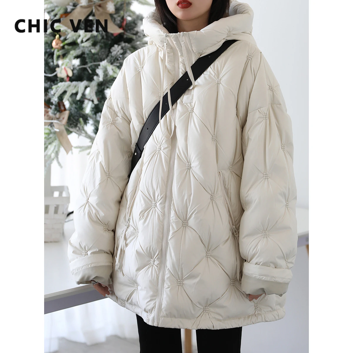 CHIC VEN de plumón con doble cremallera para mujer, chaqueta de plumón blanca de 90, Parkas gruesas y cálidas de longitud media para de plumón| - AliExpress