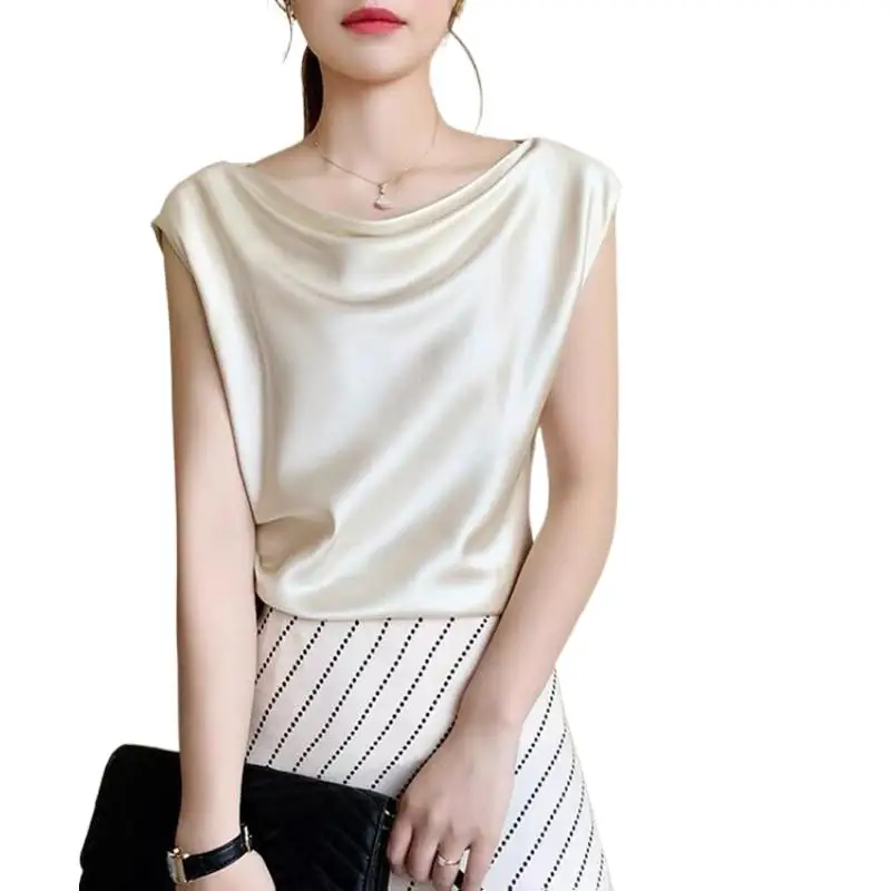 

Women's Summer Blouse swinging collr Silk Satin shirt Sleeveless Office Elegant White Shirt Beautiful Chiffon Blouses tops