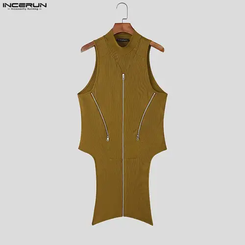 INCERUN Men Irregular Tank Tops Solid Color Knitted Turtleneck Sleeveless Male Vests Streetwear Summer 2026 Zipper Fashion Tops - Image 4