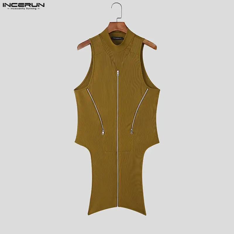 INCERUN Men Irregular Tank Tops Solid Color Knitted Turtleneck Sleeveless Male Vests Streetwear Summer 2026 Zipper Fashion Tops - Image 4
