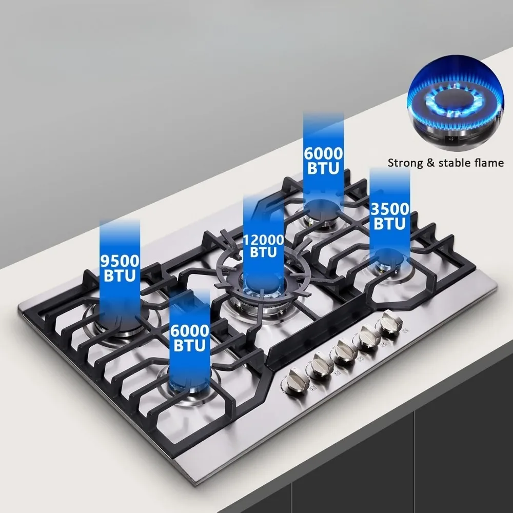Gas Cooktop 5 High Efficiency Burners Gas Stovetop Stainless Steel Built-in Gas Stove Top Propane/Natural Gas Convertible 2