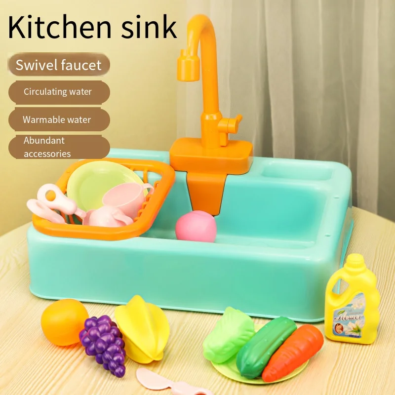 Kitchen Electric Wash Basin Sink Kit Children Pretend Play Toys Automatic Circulating Water Outlet Educational Cleaning House Gift for Children