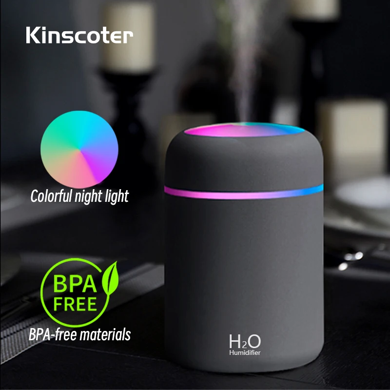 Kinscoter 휴대용 미니 USB 아로마 디퓨저 쿨 미스트 침실 가정용 차량 식물 정화기 공기 가습기 300ml H2O