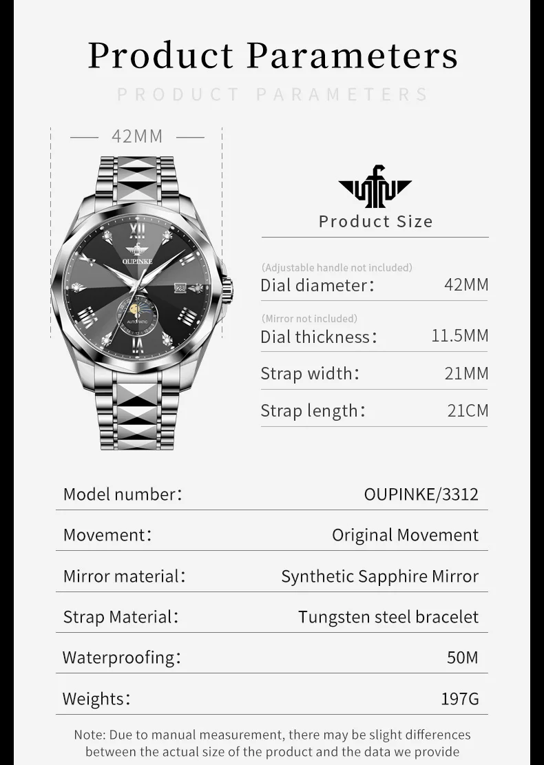 OUPINKE 3312 Automatic Men Watch Roman Scale Moon Phase Watch For Men Tungsten Steel Strap Waterproof Mechanical Male Wristwatch