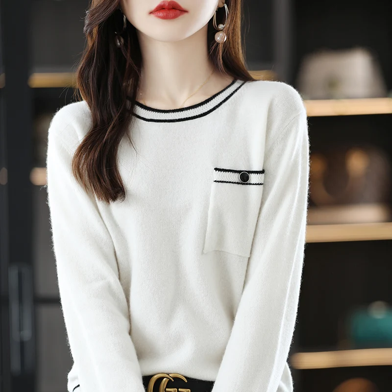 

100% Merino Wool Sweater Women's O Collar Colorblock Pullover 2023 Autumn and Winter New Small Top Casual Knit Loose Jacket