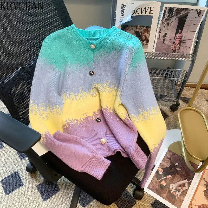 

Vintage Contrast Striped Sweater Coat Women Chic Knitted Cardigan Korean Fashion O Neck Long Sleeve Top Single-breasted Sweaters