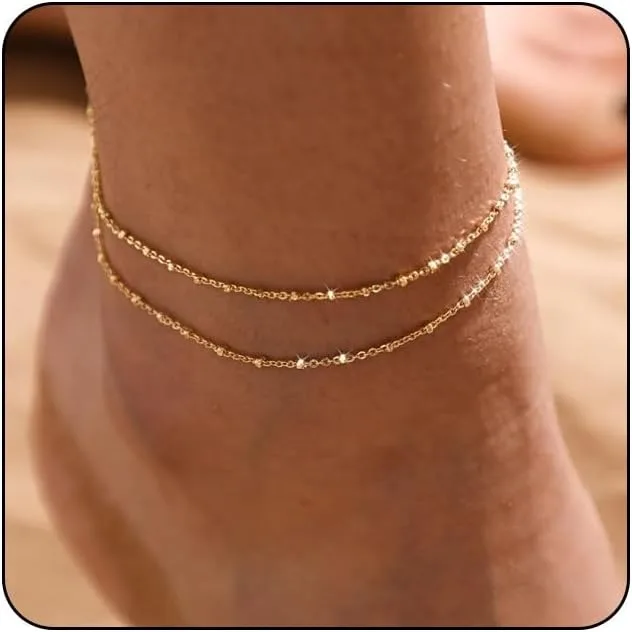 Gold/Silber Fußkettchen für Damen, 14K Gold Fußkettchen für Damen, wasserdichte Perlen Fußkettchen Set, geschichtetes Fußkettchen, Goldschmuck, Geschenk