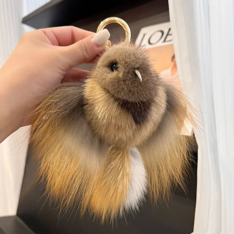 

Hip Hop Mink Fur Keychain Men Annunciation Bird Pendant Keyring Bag Key Ornament Genuine Fur Toys Pom Pom Trinket Gifts Women