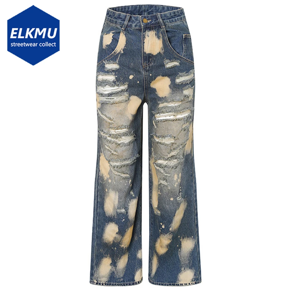 

Fashion Ripped Jeans Men Streetwear Harajuku Hip Hop Distressed Baggy Jeans Trousers Man Casual Straight Denim Pants Blue