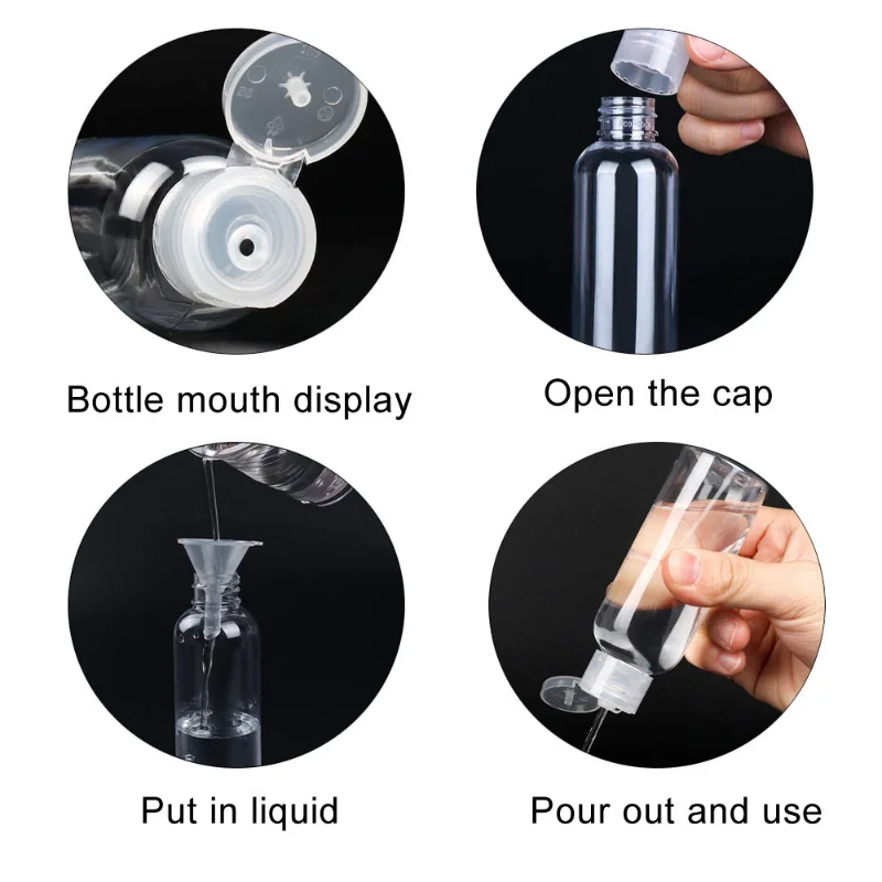 Clear Plastic Travel Bottles with Flip Cap – Portable Containers with Funnel and Labels
