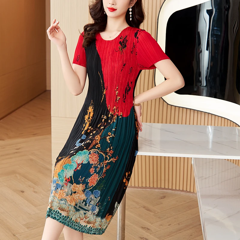 

2023 New Fashion Silk Printed Dress Women's Summer Elegant Retro Short Sleeve Round Neck Loose Fit Holiday Leisure Vestidos