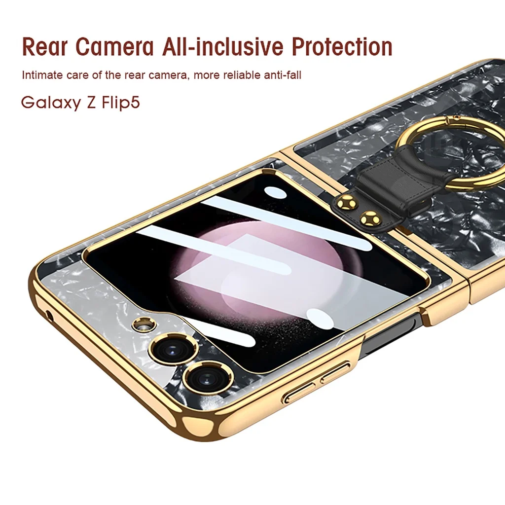 Plating Marble Patterned Tempered Glass Cover For Galaxy Z Flip5 Flip4 Flip3 5G Case Hard Shockproof Cover