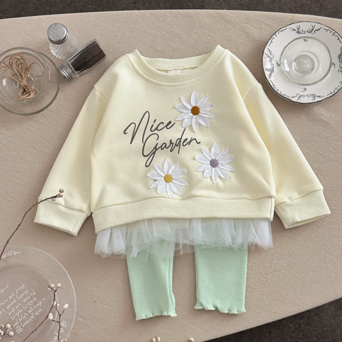 Baby Girl Floral Embroidered Lace Hem Sweatshirt and Elastic Pants Outfit