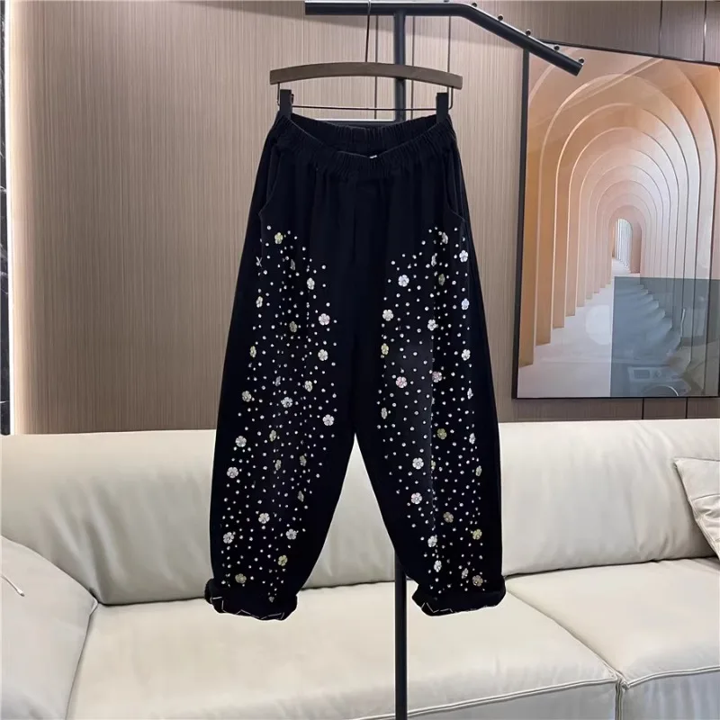 Heavy-Duty Beaded Sequined Colored Jeans Women's 2024 Spring Summer New Elastic Waist Loose Straight Personality Casual Trousers