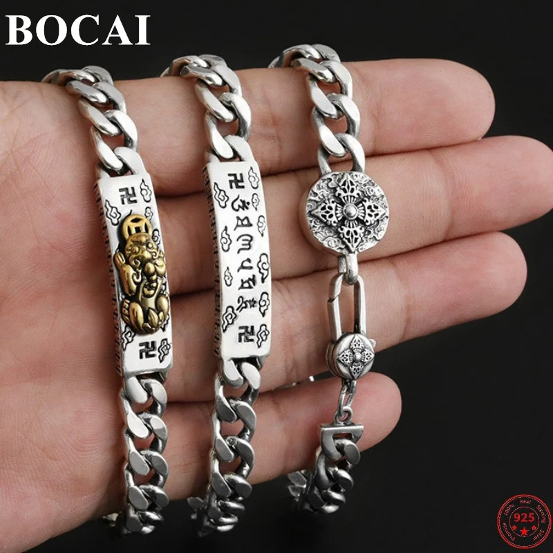 

BOCAI S925 Sterling Silver Bracelets for Women Men Six Syllable Mantra PiXiu Vajra Pestle Flat Tank-chain Amulet Free Shipping