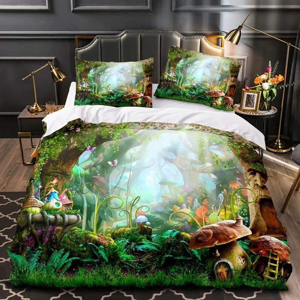 Mushroom Fairy Forest Duvet Cover Magic Lilliputian Cartoon Fungus Plant Bedding Set Fantasy Garden Polyester Comforter Cover 3