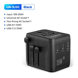 Universal Travel Adapter with 20W GaN Fast Charging and Dual USB Ports - Universal Plug (3 - UA - 1U2C - BK)