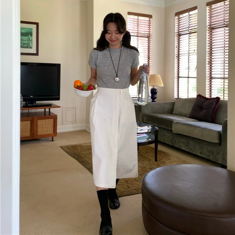 

Women Skirt 2023 Spring and Summer New White Zipper Mid-length High-waisted Wrap Skirt