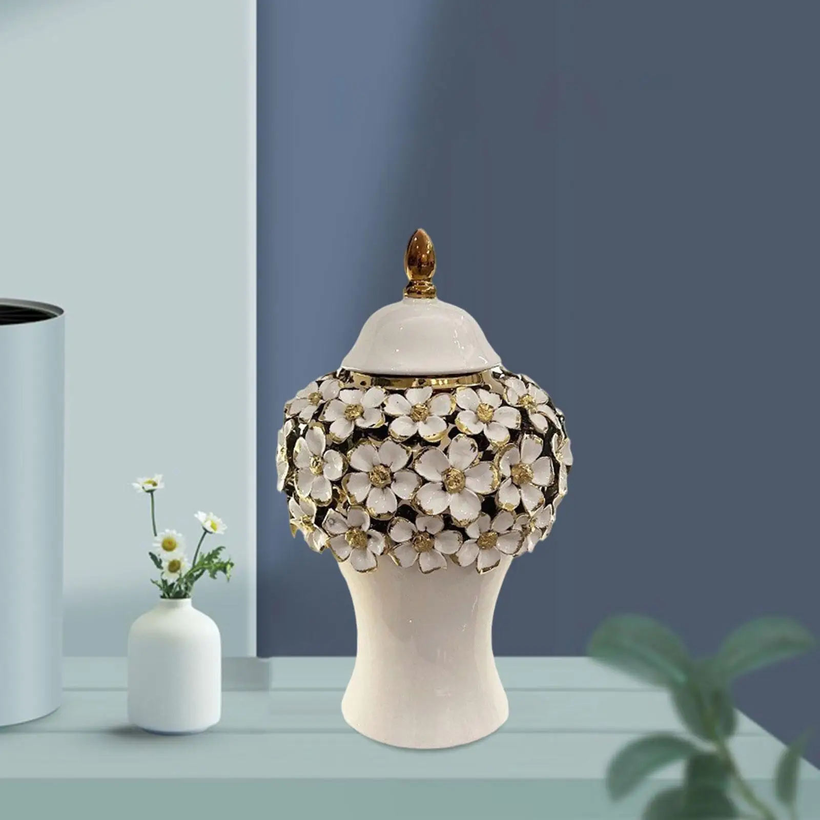 Ceramic Tea Canister Tin White Home Decoration Flower Vase Porcelain Ginger Jar for Bedroom Living Room Office Entrance Desktop