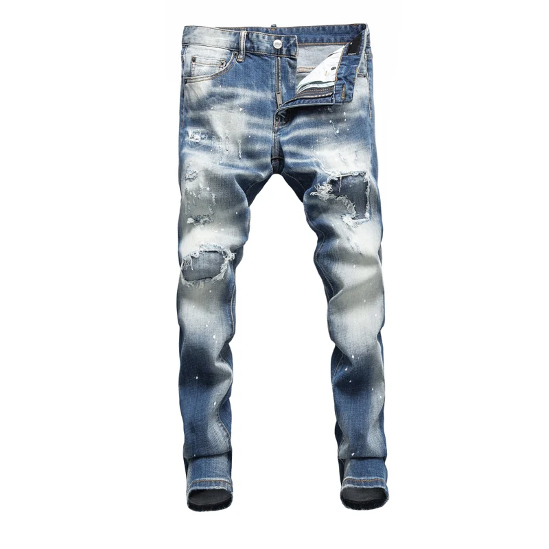 Street Fashion Men Jeans Retro Washed Blue Elastic Stretch Slim Fit Ripped Jeans Men Patched Designer Hip Hop Brand Pants Hombre