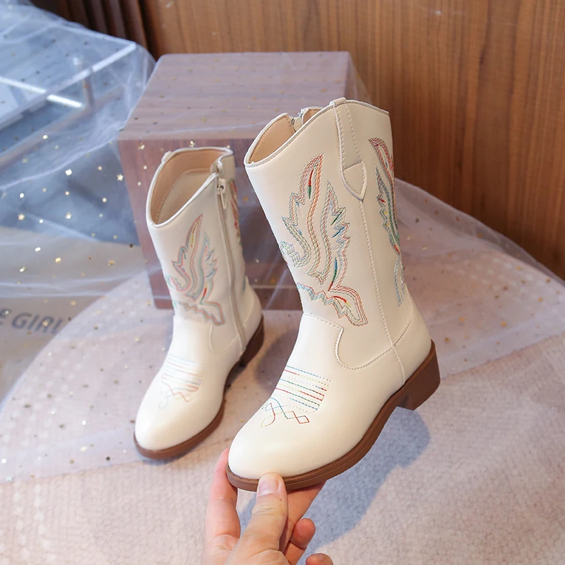 Girls Leather Cowboy Boots Embroidered Zipper Mid Calf Shoes