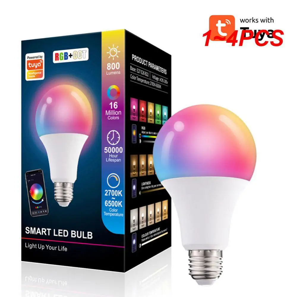 

1~4PCS Tuya Smart Led Bulb Light 10W E27 B22 Tuya Control RGB+CCT Color Led Lamp Works With Alexa Home