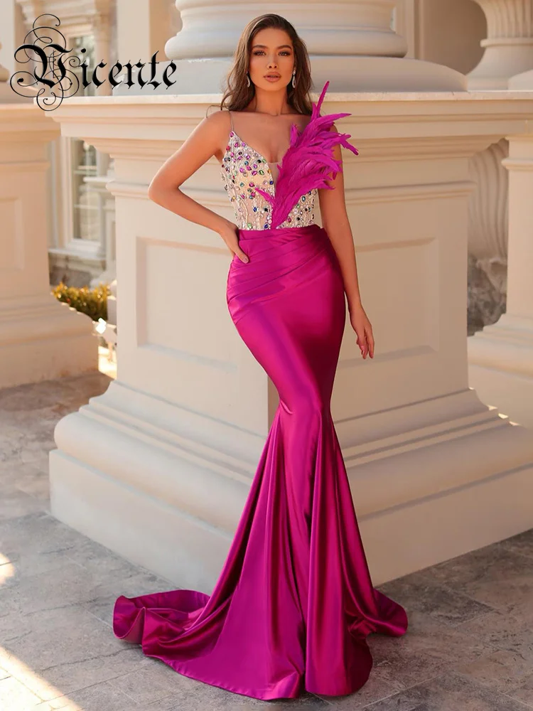 

VC Satin Mermaid Long Dress Women Sexy Strapless Long Sleeves Luxury Feather Crystal Cocktail Party Dresses Gowns