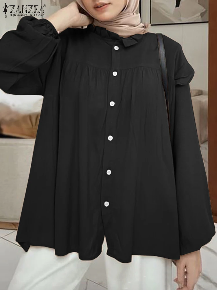 

ZANZEA Woman Fashion Dubai Muslim Blouse Autumn Puff Sleeve O-Neck Tunic Tops Female Casual Chemise Islamic Clothing Oversize