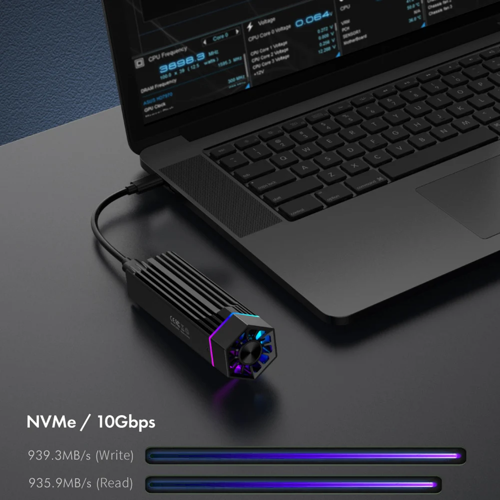 RGB 외장 SSD 케이스 M.2 NVME PCI-E to USB3.1 Gen2 Type-C JMS583 10Gbps SSD 인클로저 쿨러 (M Key/B M Key용) 냉각 팬 포함
