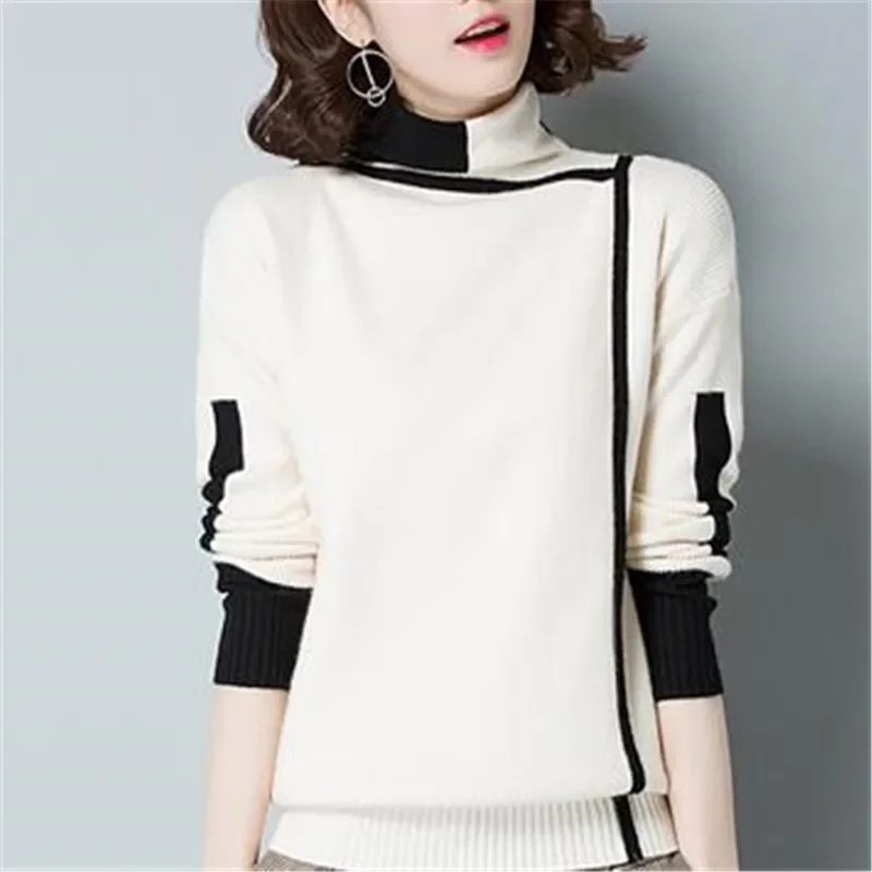 

Vintage Women Turtleneck Knitted Sweater Pullovers Spring Autumn Korean Fashion Cootrast Color Loose Casual Long Sleeve Warm Top