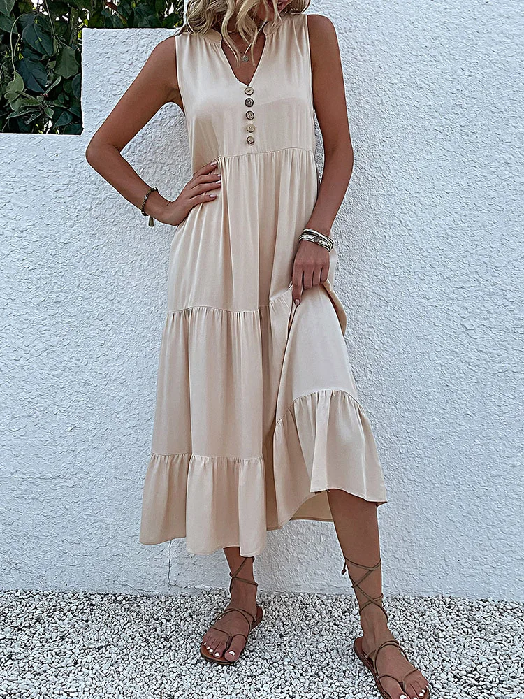 Casual Summer Midi Dress Women Sleeveless Tank V Neck Buttons Ruffle Loose Dresses Beach Soild Sundress Fashion 3