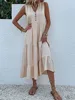 Casual Summer Midi Dress Women Sleeveless Tank V Neck Buttons Ruffle Loose Dresses Beach Soild Sundress Fashion 3