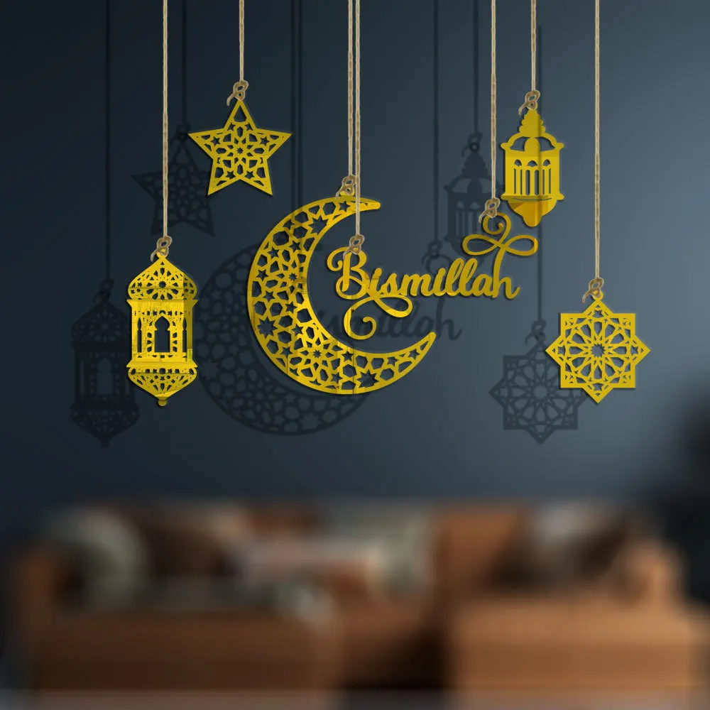 Ornamento Eid Mubarak In Legno E Acrilico - Design Oro E Nero, 30x16 Cm