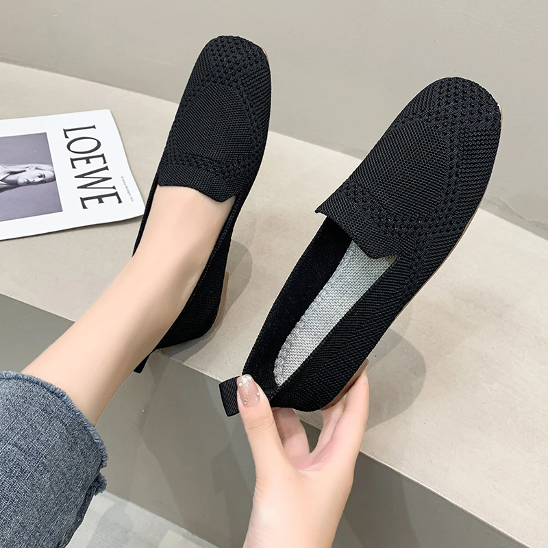 

2023 модные весенние новые женские туфли на плоской подошве с квадратным носком, трикотажные дышащие туфли на плоской подошве, кроссовки, модель 35-42, Уличная обувь на плоской подошве