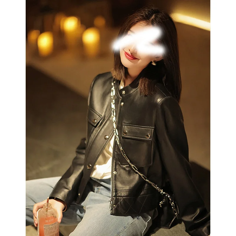

Brand Row Style | Fashionable Windproof and Warm Short Fit Stand up Collar Leather Jacket with Sheepskin Genuine Leather